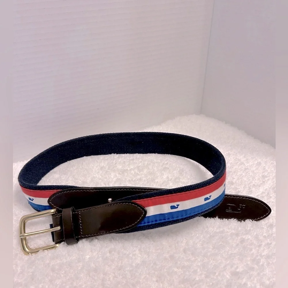 Vineyard Vines Stripe Navy Canvas Club Brown Leather Belt Men’s Size 30